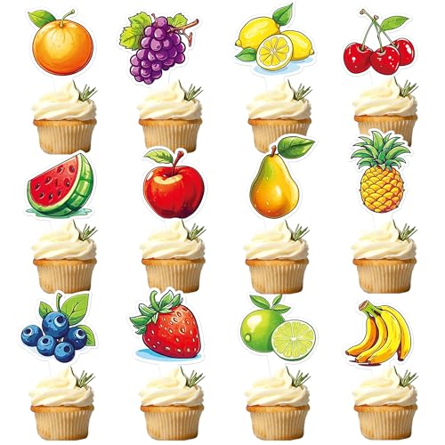 Blumomon 36Pcs Cupcake De Fruits Topper Signe Joyeux Anniversaire Ananas Citron Pastèque Fraise Thème d’Été Cupcake Décorations Pour Bébé Garçon...