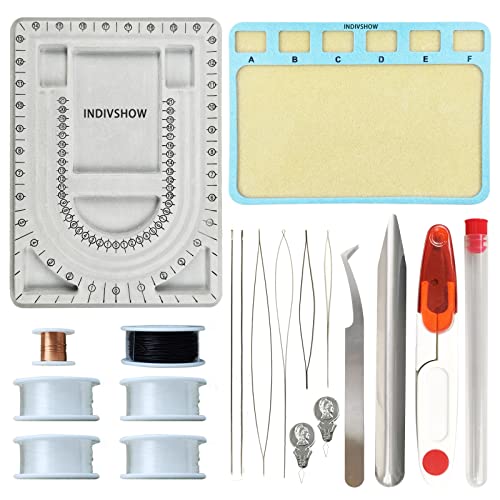 INDIVSHOW Perlenbrett mit Perlenmatte, Perlenschaufel, Pinzette, Schmuckschnur, Perlennadel und Perlennadel für DIY-Armband, Halskette, Schmuckdesign, Zubehör Cover