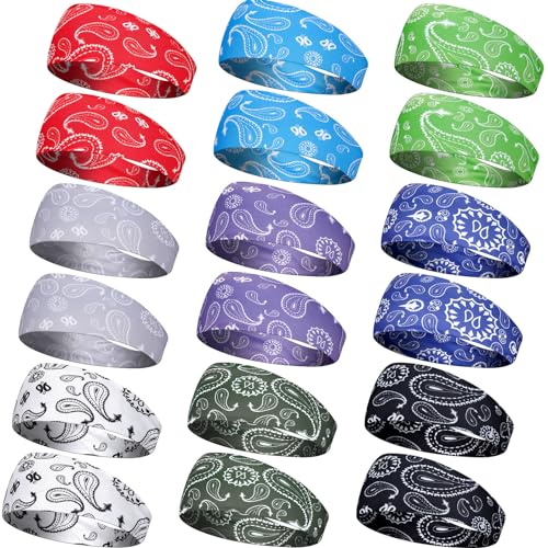 Image of 18 Pcs Sports Sweatbands for Men Women Camo Headbands Workout Non Slip Headbands Breathable Head Band Fitness Stretchy Unisex Hairband for Yoga Running Cycling Ball
