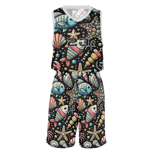 FLildon Cute Sea Animal Boys Basketball Jersey Set Tank Top Shorts Tracksuit Sport Training Suit for Kids, S