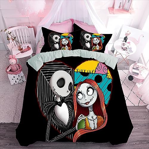 Christmas Nightmare Duvet Cover Set Twin Size Halloween Nightmare Comforter Cover Jack and Sally Christmas Bedding Set 3pcs for Kids Boys Teens Room Decor Valentine Quilt Cover with 2 Pillowcases