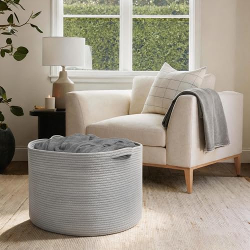 Image of MEGASKET 115L Super Large Gray Blanket Basket, 23.6 inchx15.7 inch Woven Cotton Rope Storage Basket for Laundry, Towel, Pillow, Oversized Kids Dog Toy Storage Bin, Grey XXXL Blanket Holder for Living Room