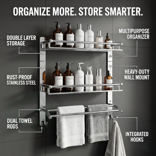 GRIVAN Stainless Steel Double Layer Shelf with Dual Towel Rod, 1.7 kg - Image 5