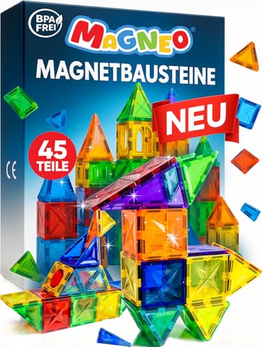Magnetische Bausteine (45 teilig) - Magnetbausteine für Kinder ab 3 Jahren - Pädagogisches Magnetspielzeug - Kreatives Magnet Spiel mit starken Magneten für Jungen & Mädchen