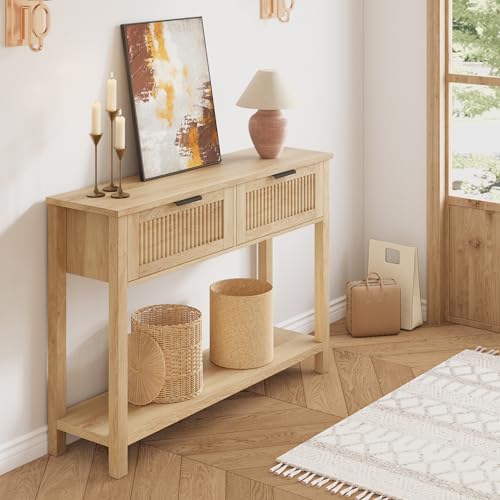 GAOMON Farmhouse Entryway Table,43 Inch Wood Console Table with 2 Drawers,2 Tier Sofa Table with Storage for Living Room, Foyer Tables for Entryway-Burlywood