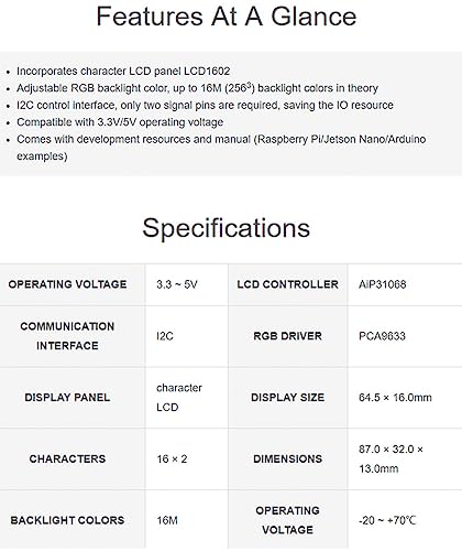 Bicool LCD1602 RGB DISPLAY-A Lcd1602 Rgb Display Module 16X2 Characters 16 Millions Rgb Backlight Colors 3.3V/5V I2C Bus Aip31068 Lcd Controller Pca9633 Rgb Driver Compatible thumb #3