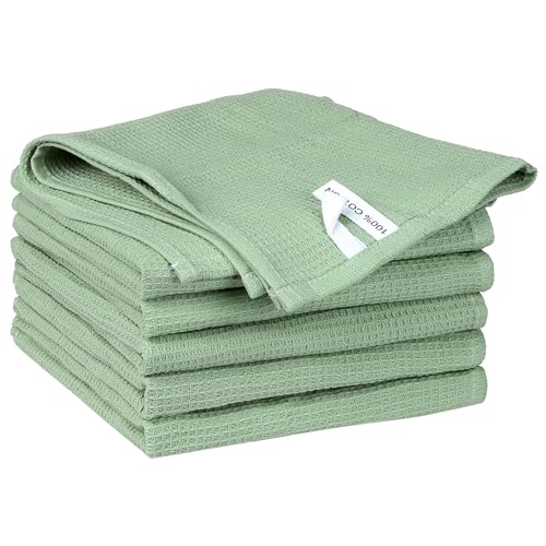 Uxcell Reuseable Cleaning Cloths, 6 Pack Cotton Waffle Weave Kitchen Towels Reusable and Washable Dish Rags for Drying Absorbent Lint Free Rags for House Cleaning Light Green 35cm x 35cm