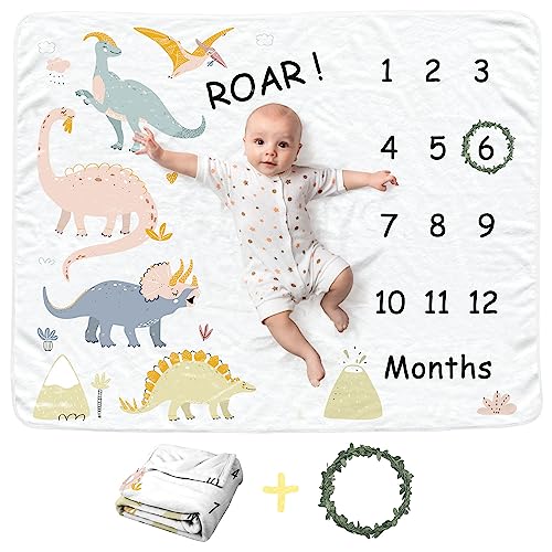 Image of Dinosaur Baby Monthly Blanket for Boys, Newborn Month Blanket, Soft Flannel Photography Background Prop Blanket, Personalized Shower Gift, Dinosaur