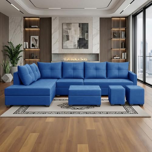 Image of Wood 8 Seater Sofa Set with Ottoman & Stools | Velvet Fabric Upholstery | Modern L Shape Wooden Frame Couch for Living Room, Home & Office (Blue)