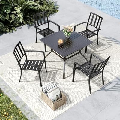 MFSTUDIO Metal Patio Dining Sets for 4, Outdoor Dining Sets with 1.57” Umbrella Hole, 4 Garden Backyard Metal Chairs and Larger Square Patio Table, Black