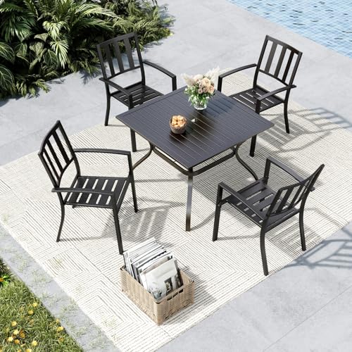 MFSTUDIO Outdoor Dining Set for 4, Patio Table and Chairs Set with Umbrella Hole, Metal Patio Furniture Set for Deck/Backyard/Poolside/Garden