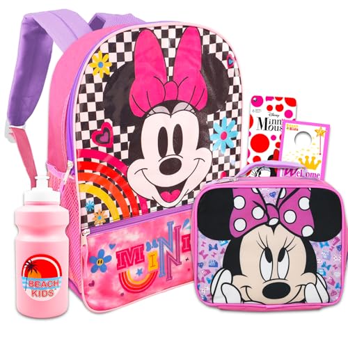 MINNIE Conjunto de mochila e lancheira Disney Mouse – Bolsa de 40 cm com bolsos com zíper, lancheira, adesivos e mais materiais escolares, Minnie Conjunto de mochila, Minnie Mochila escolar, mochila