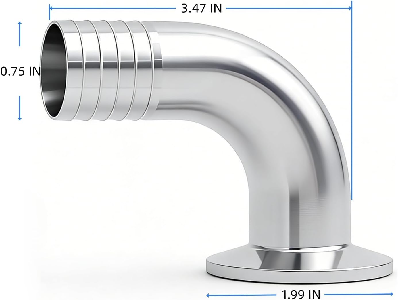 Stainless Steel 304 Sanitary Hose Barb Pipe Fitting 1.5" Tri Clamp (50.5mm OD Ferrule) 90 Degree Elbow 3/4" Barbed & 1pc SS304 Hose Clamp