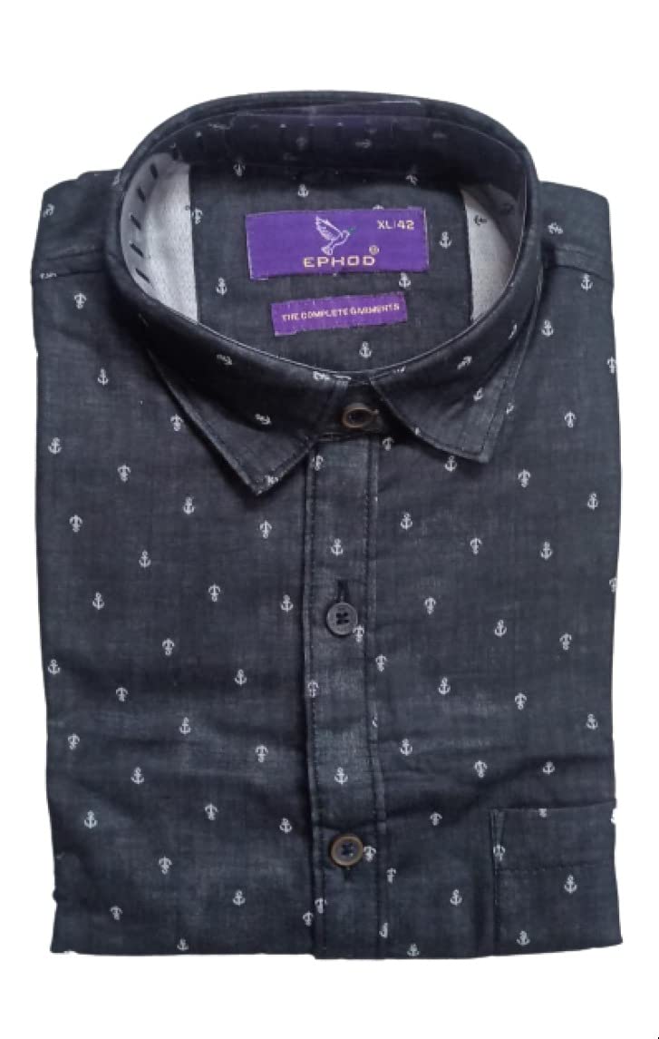 EPHOD Men's Cotton Casual Shirt Printed Full Sleeve (Navy Blue); Size: - APNGM_004