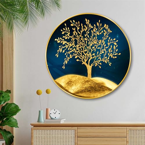 Image of SAF Golden Tree Round Wall Painting with Frame | Luxury Nature Wall Art for Living Room Bedroom Office | Elegant Tree of Life Decorative Wall Hanging | Modern Home Decor (20 X 20 Inch) GRL-251