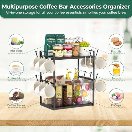 EsLuker.ly 2 Tier Coffee Bar Organiser for Home Office, Multi-functional Countertop Mug Holder Display Stand Rack, Coffee Station Accessory Storage Shelf with 12 Hooks, Black - Image 5