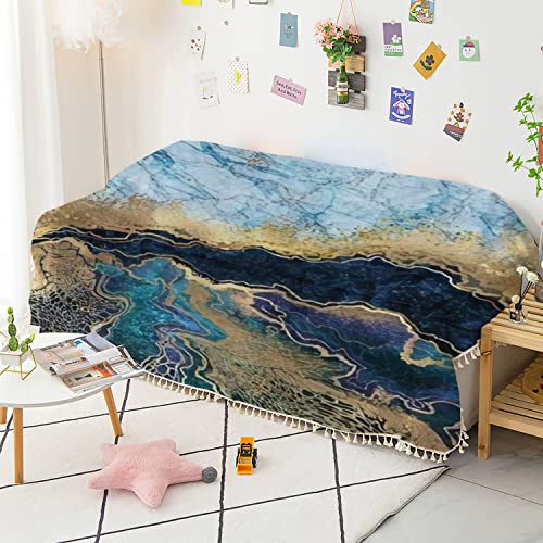 Sofa Cover Abstract Blue Marble Fake Stone Texture Liquid Paint Gold Cover Sofa Slipcovers Towel Washable Couch Cover Throws Blankets Furniture Protector For Pets Living Room Bedroom #TOP2