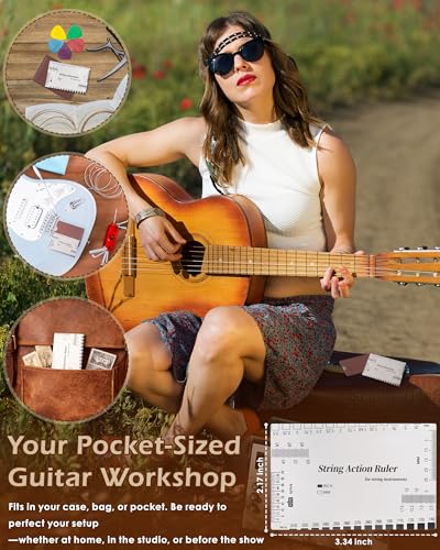 Image of String Action Gauge Ruler, Professional Guitar Setup Tool with Dual mm & 1 /64 inch Scales - for Electric, Acoustic, Bass Guitars - Includes Measurement Chart & Protective Sleeve - Print Silver Edition