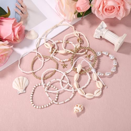 13pcs Summer Beach Beachy Bracelets Set, 2 Styles Stack Stackable Seashell Sea Shell Bracelets & Bohemian Beaded Jewelry Elastic Starfish Charm Jewelry for Women Vacation Summer Beach Party Gift3