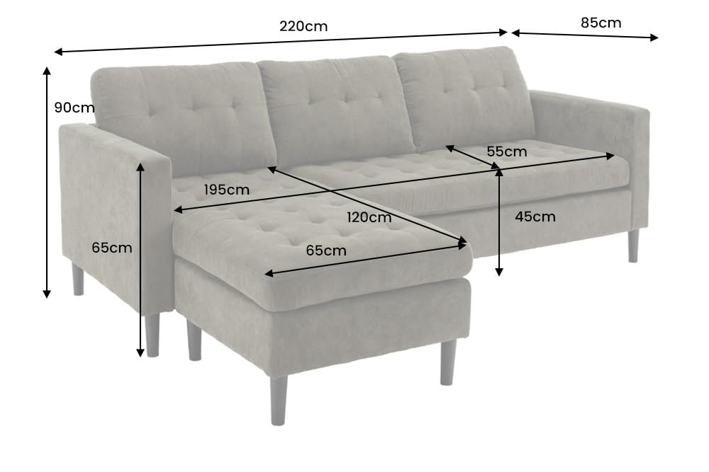 Ecksofa STOCKHOLM - 220cm - grün - Cordstoff - Federkern Rundum-Bezug | Ottomane links oder rechts montierbar, Taschenfederkern, skandinavischer Stil, pflegeleicht, belastbar bis 120 kg