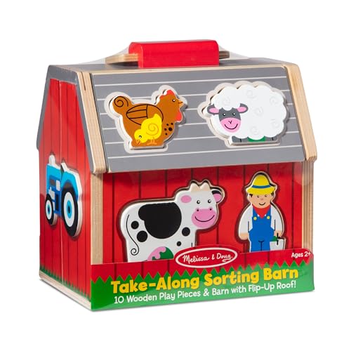 melissa amp doug take-along wooden toy barn 11-pc portable toddler playset with farm animals amp pop-up roof preschool learning toys for girls amp boys 2