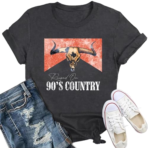 IFQ Womens Raised on 90s Country Shirts Vintage Country Music T-Shirt Cowgirl Concert Party Tee Grey