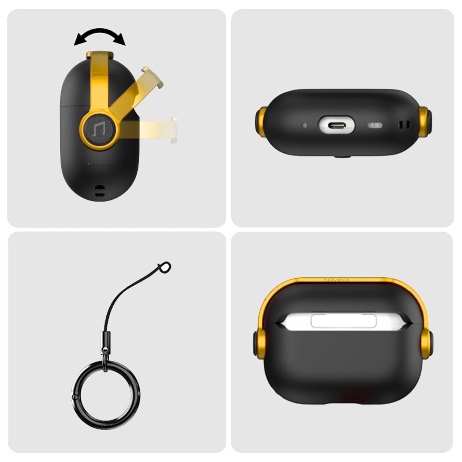 NEWTECHNO Antilost Lid Case Cover Shell for Airpods pro 3 (2025)| Full Protection Case Cover with Lanyard Compatible for Airpods Pro 3rd Generation with carabaner, Secure Lock Design Black-Yellow — Amazon image 6