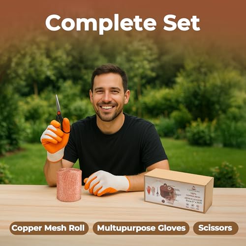 copper mesh rodent control 5in x 36ft- rustproof copper mesh roll for rodent bat amp snail - perfect for hole blocking gardening amp sealing water opening - plus bonus scissor amp gloves