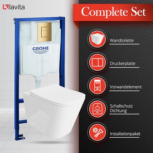 Lavita Vorwandelement Solido + Wand Hänge WC Maio Weiß Spülrandlos+ WC Sitz mit Absenkautomatik Goldener Knopf Komplettset Unterputz Spülkasten Toilette Komplett Sett WC – Bild 4