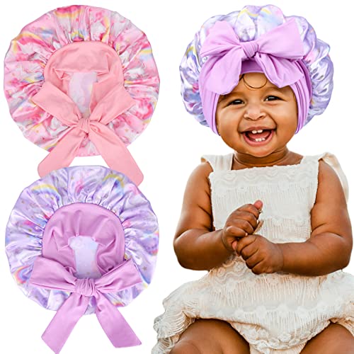 Image of 2 Pieces Baby Bonnet Kids Unicorn Satin Silk Bonnet for Kids Sleeping Cap Wide Elastic Band Bonnet with Head wrap for Teens Toddler Child