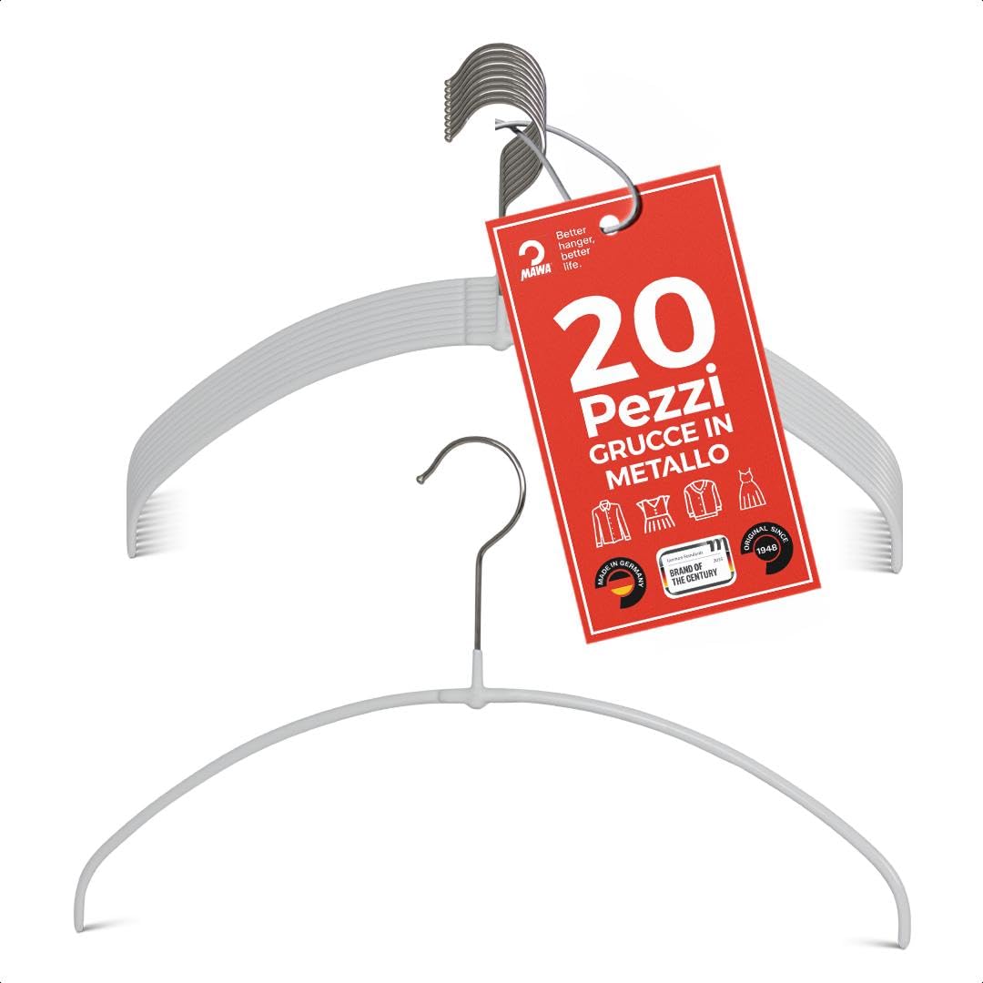 MAWA Grucce Appendiabiti Light, Set di 20 Grucce Salvaspazio e Antiscivolo, Ideali per T-Shirt, Top e Maglioni Leggeri, Gancio Girevole 360°, 36 cm, Bianco