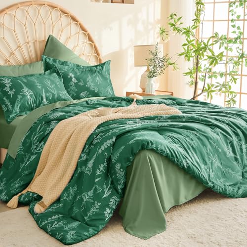 Image of MUXHOMO Emerald Green Full Comforter Set, Elegant Floral Print Bed in a Bag 7 Pieces, Ultra Soft & Breathable Reversible Botanical Pattern Bedding Set with Comforter, Sheets, Pillowcases, and Shams
