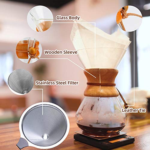 Bestcool Pour Coffee Maker, 400ml handmatige koffie Dripper Brewer met roestvrij staal Filter borosilicaat glas karaf met echte houten mouw - geen papieren filters nodig - Image 3