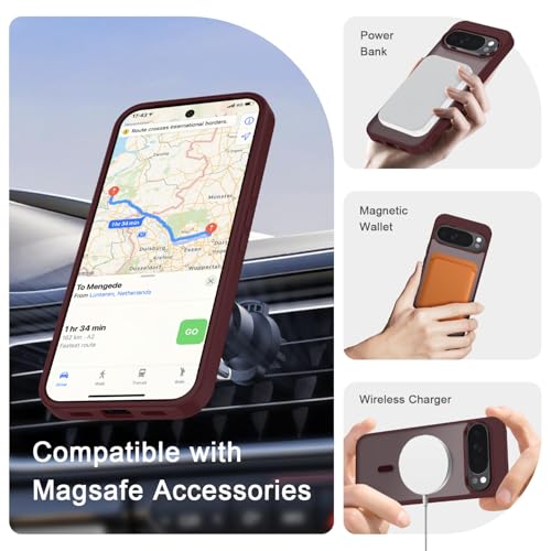 Image of for Google Pixel 10 /10 Pro Case, Matte Magnetic Phone Cover [with 1 Screen Protector] [Support for MagSafe] [Shockproof Military Grade Protection] Translucent Frosted Back, Wine Red