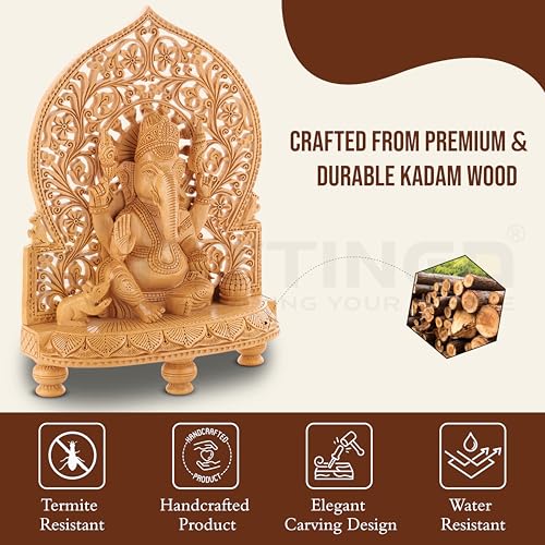 Image of Wooden Ganesh Idol /Handcraft Floral Carving Ganesh Murti /Wooden Ganesha Statue for Home Decor /Ganpati Murti for Home Temple, Pooja Room, Office & Festive Gifting (10.5 Inch)