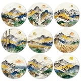 ANATTASOUL Coasters Set of 9 Scenery with Mountains Colorful Wooden Coasters Bulk Round Housewarming Gift for New Home, 3.9" Decorative Coffee Table Protection for Farmhouse Bar Decor