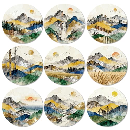 ANATTASOUL Coasters Set of 9 Scenery with Mountains Colorful Wooden Coasters Bulk Round Housewarming Gift for New Home, 3.9" Decorative Coffee Table Protection for Farmhouse Bar Decor