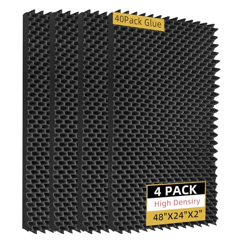 TEMGCUAM 4 Pack Sound Proof Foam Panels |48"×24"×2" Egg Crate Foam Pad | High Density Soundproof Wall Panels for Home Studio Noise & Thermal Insulation |With Adhesive Stickers 40PCS(Black)…