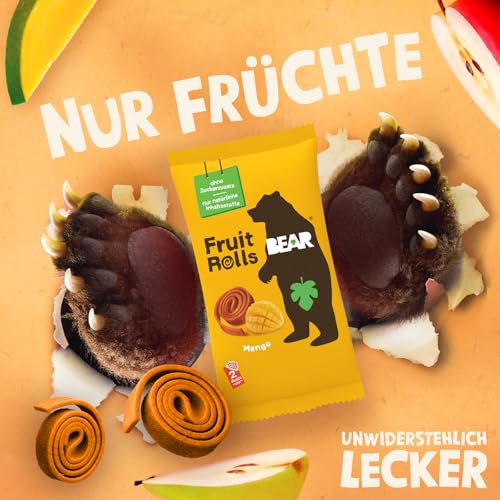 BEAR Fruchtrollen Mango | 100% Natürliche Inhaltsstoffe | Ohne Zusatz von Zucker | Gesunder Snack für Kinder & Erwachsene | 18 Beutel x 20g | 360g