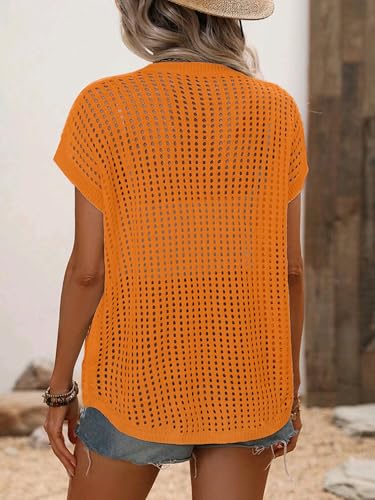 Image of Crochet Tops for Women Spring Summer Shirts Cute Mesh Top Cap Sleeve Cover Up Pullover Sweater Beach Vacation Clothes