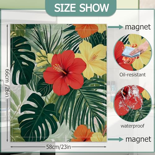 Image of Tropical Flowers Dishwasher Covers for The Front Magnetic,Summer Palm Leaves Refrigerator Magnets Decoration,Reusable Dishwasher Cover Panel for Home Kitchen Decor 23x26 Inch