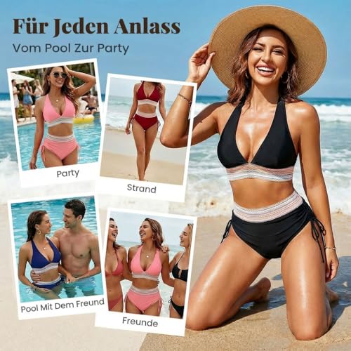 comepew Damen Bikini Set, 2026 Hohe Taille Farbblock Zweiteiliger, Kordelzug Badeanzüge Bikinis Gestreifte Crossover Bustier High Waist Bikini (DE/ NL/ SE/ PL, Alphanumerisch, M, Regular, Regular, Grün)-7