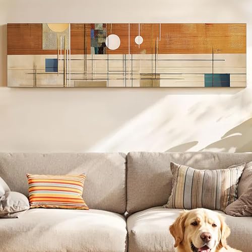 Image of Abstract Geometric Stretched Canvas Wall Art Painting for Living Room, Mid-Century Modern Linear Grid Canvas Wall Decor For Livingroom, Bedroom, Office, Hallway's, Hotel 12x46 Inch