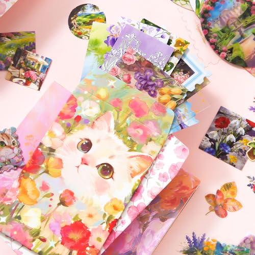 Image of WEMOL Vintage Journal Scrapbook Pack Kit for Art Journaling Bullet, Planners DIY Paper Stickers, Craft Kits Notebook, Collage Album Aesthetic Sticker (Pink Flower)