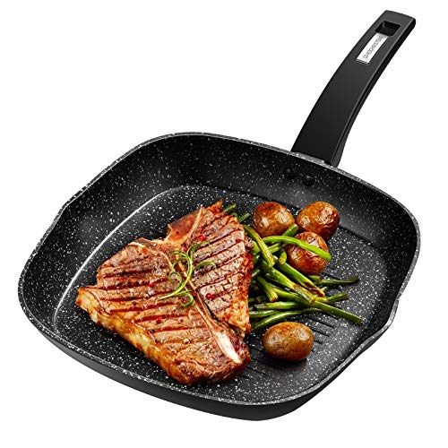 CSK 11 Nonstick Grill Pan with Handle - Square Griddle Pan Skillet for All Stove Tops Include Induction Cooker Granite Coating 100 PFOA-Free Easy to Clean Deep Grill Frying Pans Indoor Outdoor