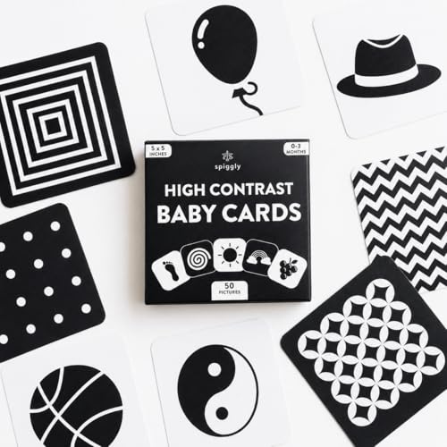 Image of Spiggly High Contrast Baby Visual Stimulation Cards - 50 Pictures for Newborn Activities - Black and White Cards for Infants 0-6 Months - Toys Gift