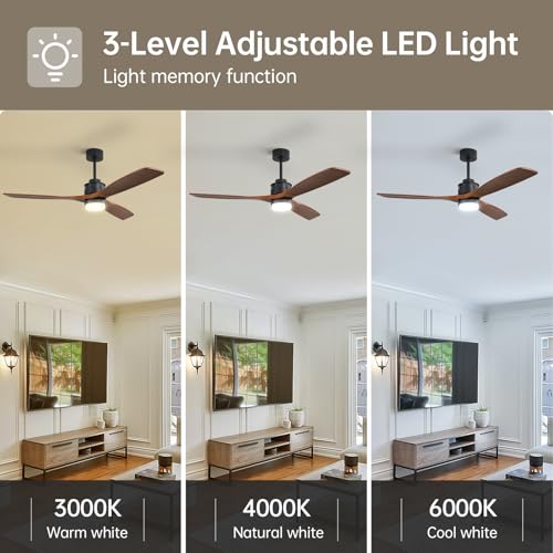 Image of Sofucor 60 inch Ceiling Fan with Lights and Remote, Modern Large LED Wood Ceiling Fan for Indoor Living Room Bedroom Outdoor Patio Porch, Reversible DC Motor