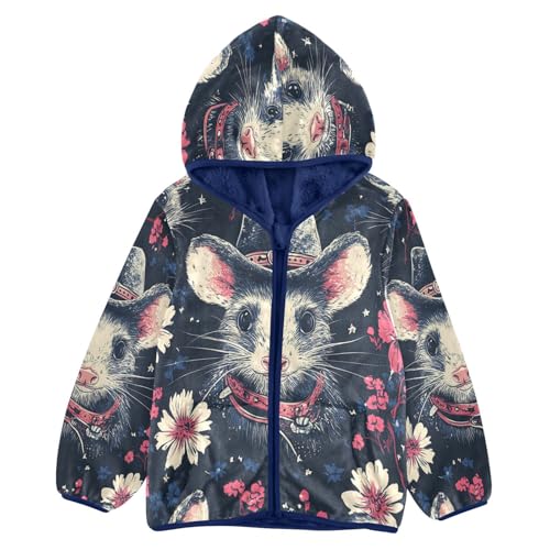 Opossum Cowboy Floral Pattern Toddler Fleece Jacket Girl Boys Hooded Fleece Jacket Coat Warm Outwear Zip-up 3-10T