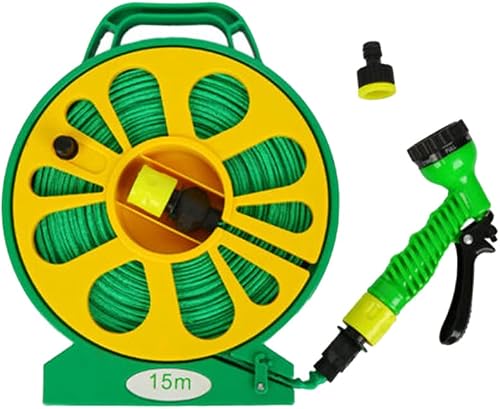15m Flat Garden Hose Pipe & Reel with Spray Nozzle 50FT – Compact Hose Pipe Reel - Outdoor Mini Hose Gun with Adjustable Spray Gun - Hosepipe & Reel Easy Storage for Garden(Green & Yellow)