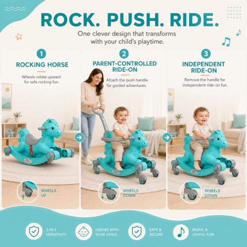 Image of 3 in 1 Baby Horse Rider for Kids 1-5 Years with Parent Handle, Rocking Horse, Ride On Toy, 360 Safety Guard, Music, Swivel Wheels, Backrest, Baby Ride On for Boys & Girls (Cyan)